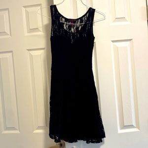 Material Girl Women's Lace Sleeveless Illusion Neckline Party Sheath Dress Black
